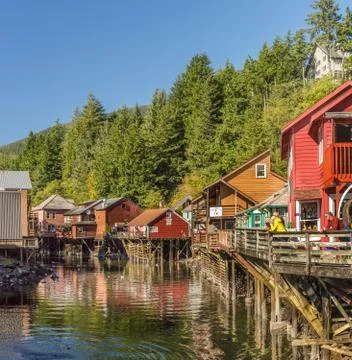 Sept. 17, 2018 - Ketchikan, AK: Historic buildings and boardwalk of Creek Street Stock Photos