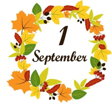 September 1 text on the background of leaves Stock Illustration