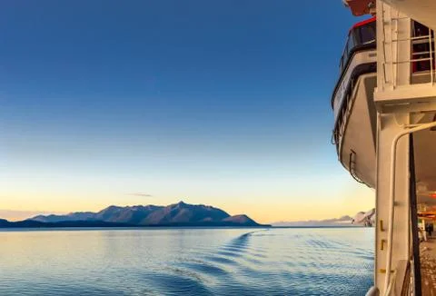 September 14, 2018 - Inside Passage, AK: Sunrise on The Volendam cruise ship. Stock Photos