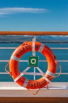 September 14, 2018 - Inside Passage, Alaska: Orange lifering on cruise ship. Stock Photos