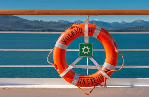 September 14, 2018 - Inside Passage, Alaska: Orange lifering on cruise ship. Stock Photos
