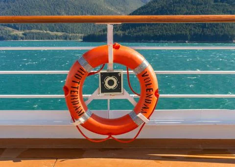 September 14, 2018 - Inside Passage, Alaska: Orange lifering on cruise ship. Stock Photos