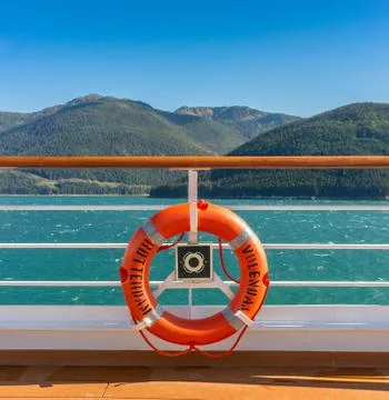 September 14, 2018 - Inside Passage, Alaska: Orange lifering on cruise ship. Stock Photos
