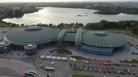 September 15, 2019 Top view of the Ice Palace Chizhovka Arena in Minsk at sunset Stock Footage 146525964
