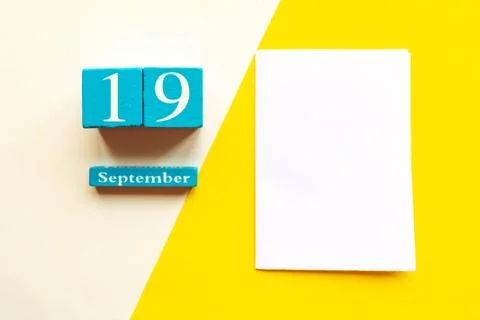 September 19, empty yellow and white geometric background and white mockup bl Stock Photos