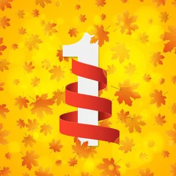 September 1st. Day of knowledge. Empty red ribbon with white number 1. Autumn Illustration