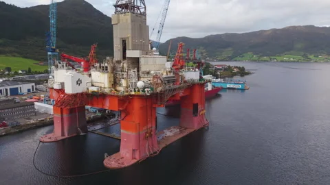 SEPTEMBER 2, 2026: Drone View of Offshore Oil Rig in Ølensvåg, Norway Видео 344746492