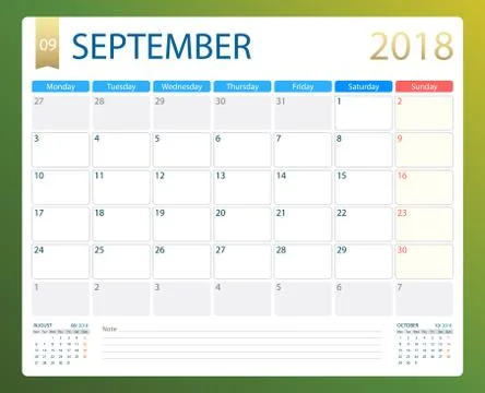 SEPTEMBER 2018, illustration vector calendar or desk planner, weeks start on Stock Illustration