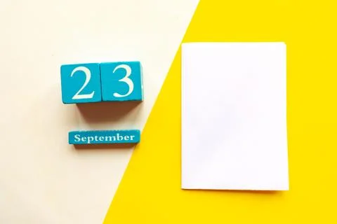 September 23, empty yellow and white geometric background and white mockup bl Foto stock