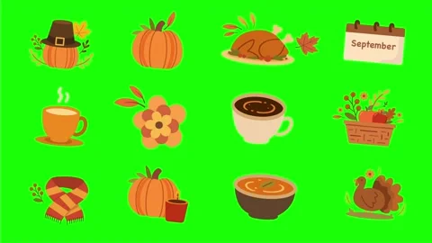September autumn elements pumpkin coffee turkey harvest seasonal icons Stock Footage 316226536
