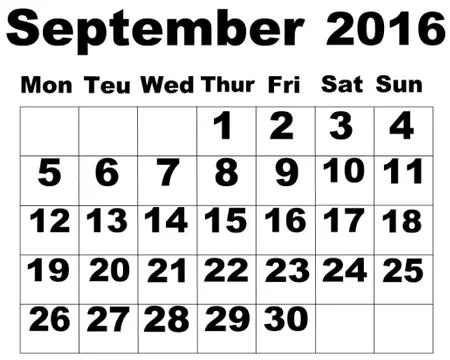 September Calendar 2016 Stock Illustration