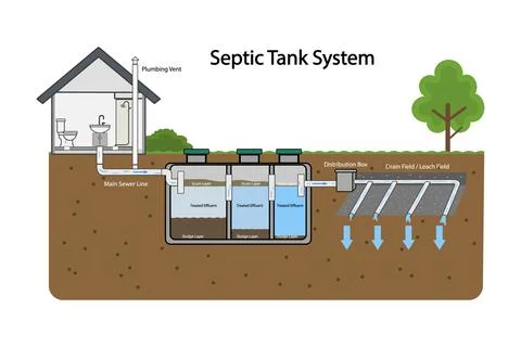 Septic tank system. Three chamber underground septic tank system diagram. Stock Illustration