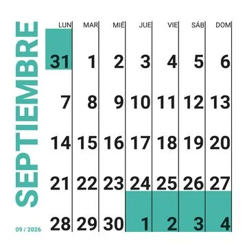 Septiembre 2026 Spanish Basic Office Monthly Schedule Sheet Clean Minimalis.. Stock Illustration