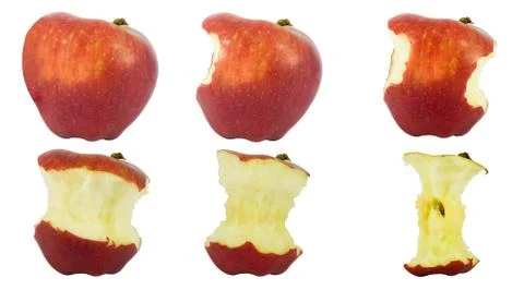 Sequence of an apple being eaten isolated on white background. Stock Photos