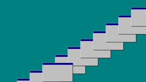 A sequence of cascading windows on a solid teal computer desktop background Video stock 335117723