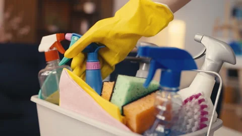 Sequence of cleaning service worker preparing for job, ready for tasks Stock-Footage 308790065