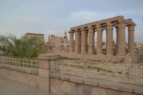 Sequence of columns of ancient Egyptian Luxor temple complex Stock Photos