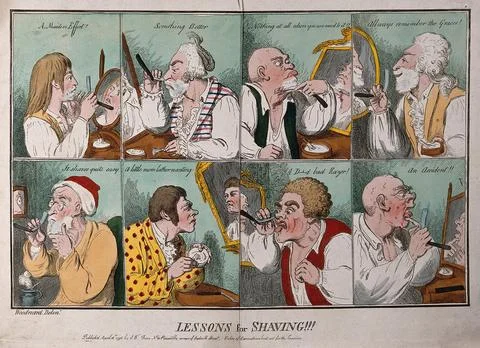 A sequence of eight images showing men shaving. Coloured etching, 1796, by .. Illustrazione stock