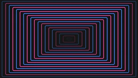 A sequence of glowing neon rectangular frames creating a tunnel effect depth Video stock 335118081