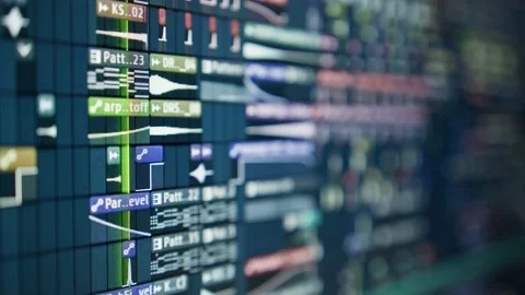 Sequence with a huge musical project - the playhead moves along the music tra Stock Footage 221190487