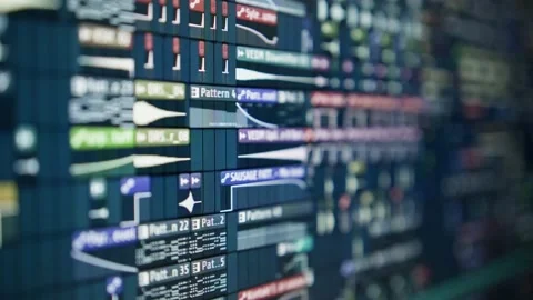 Sequence with a huge musical project - the playhead moves along the music tra Stock Footage 221190570