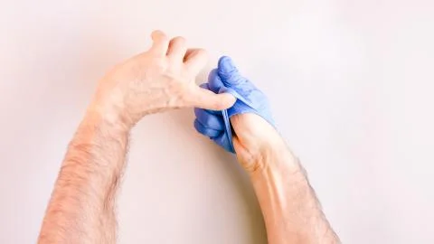 Sequence of images in which a man's hands taking off blue disposable gloves m Stock Photos
