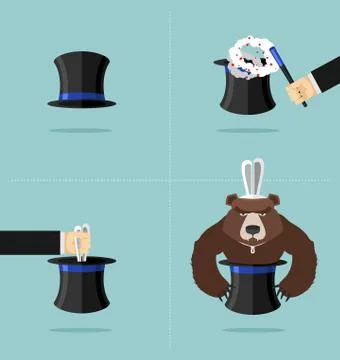 Sequence of a magic trick. Instead of rabbit out of  hat was a bear. Top hat  Illustrazione stock