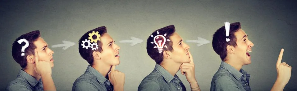 Sequence of a man thoughtful, thinking, finding solution Stock Photos