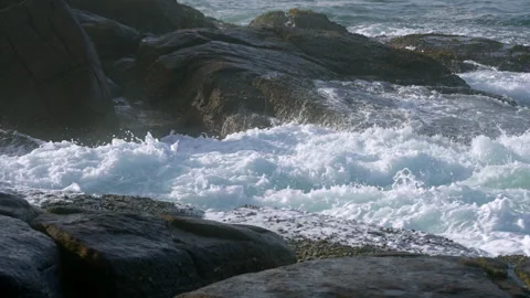 Sequence of ocean waves crashing against rocky shore with force. Dynamic Stock Footage 258062781