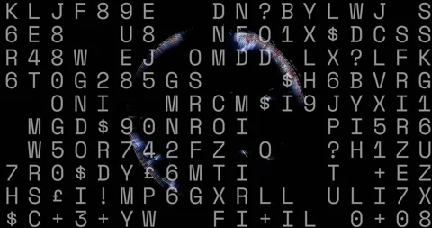 On sequence opening 3D globe emerging behind code matrix, rotating westward Stock Footage 330248724