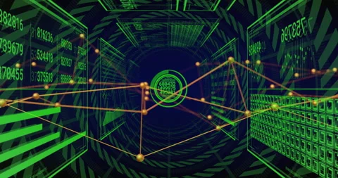 Sequence opening on tunnel initiating network graph pulsing panels forming Stock Footage 312905414