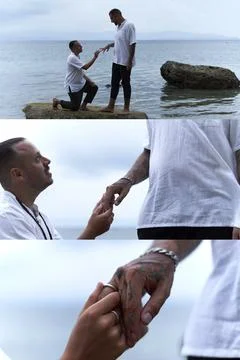 Sequence of photos of a man asking his gay partner to marry him in the sea Stock Photos