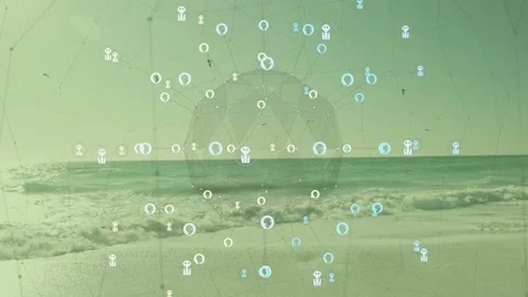 Sequence progressing node field brightening over shoreline geodesic dome pulsing 스톡 동영상 333211602