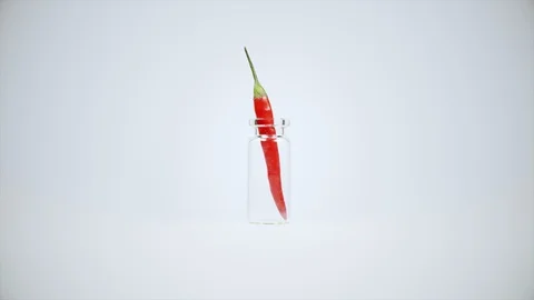 Sequence of red chili pepper &amp; carrot green in a small bottle on white, loopable Stock Footage 95034515