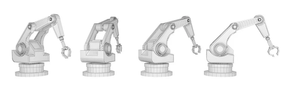 Sequence robotic arm isolated on white 3d rendering Stock Illustration