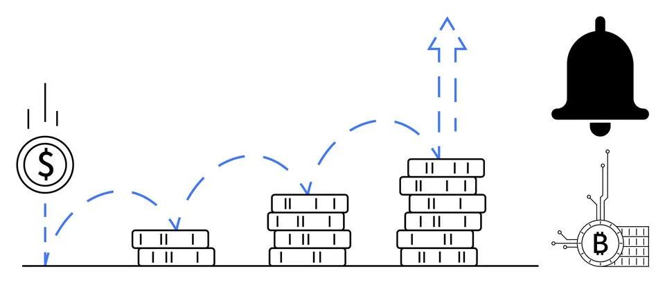 A sequence of stacked coin piles increasing in height depicts investment grow Illustrazione stock