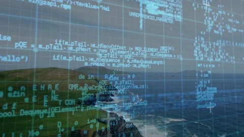 On sequence start cyan code grid flashing, scrolling and fading, revealing Stock Footage 328345598