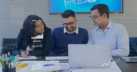 At sequence start design team reviewing blueprints, chart overlays fading in, Stock Footage 317370099