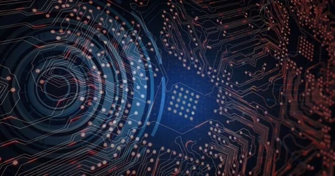 At sequence start showing rings rotating, chip glowing, nodes pulsing, code Stock Footage 321099861