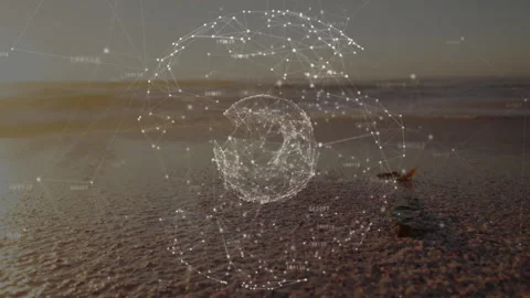 On sequence start showing sunset shore, network sphere appearing pulsing 스톡 동영상 310825955