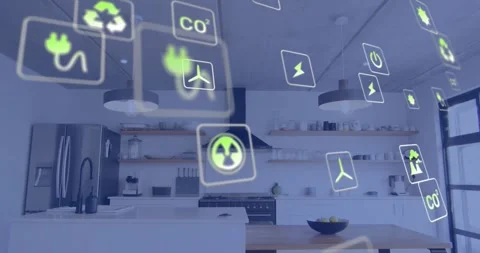 Sequence start spawning green energy icons drifting across kitchen visualizing Video stock 331125647