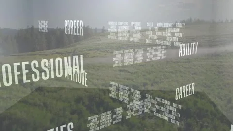 Sequence starting, 3D text panels rotating above meadow, tiles rearranging, Stock Footage 331062960