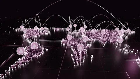 Sequence starting animating pink cube map on dark grid, rising nodes, drawing Stock Footage 337964662