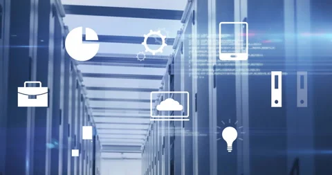 On sequence starting camera moving forward server aisle while icons pulsing Stockbeeldmateriaal 310282859