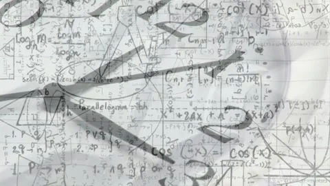 Sequence starting, clock hands rotating clockwise over math notes, visualizing Stock Footage 329122001