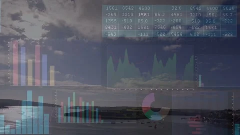 Sequence starting, data overlays appearing over coastal bay, bars rising, pie Stock Footage 332544806