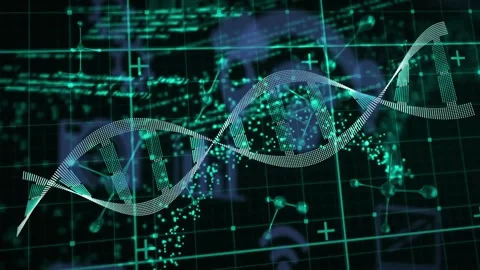 Sequence starting DNA helix floating on grid code streaming linking nodes Stock Footage 317265424
