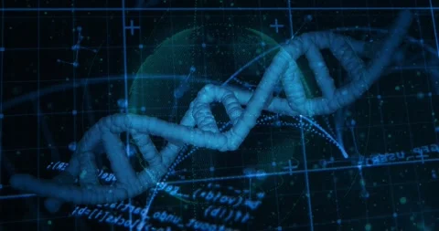 Sequence starting DNA helix materializing drifting rotating while code animating Stock Footage 325702853