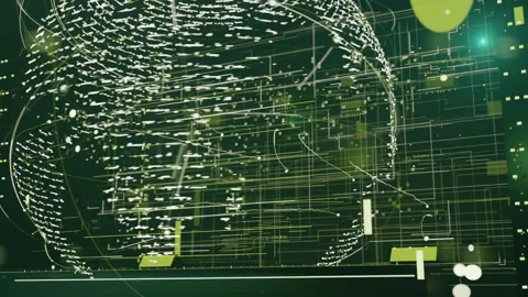 Sequence starting globe rotating and translating in virtual circuit grid Stock-Footage 337141159