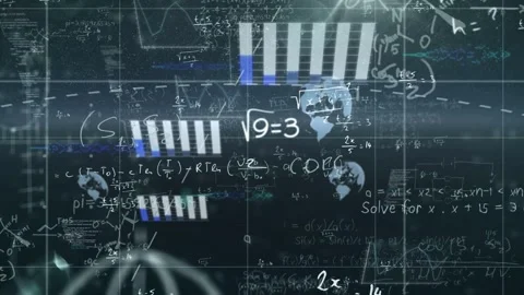 On sequence starting math globe fading, scaling, bars lifting, blue fills Stock Footage 333105281